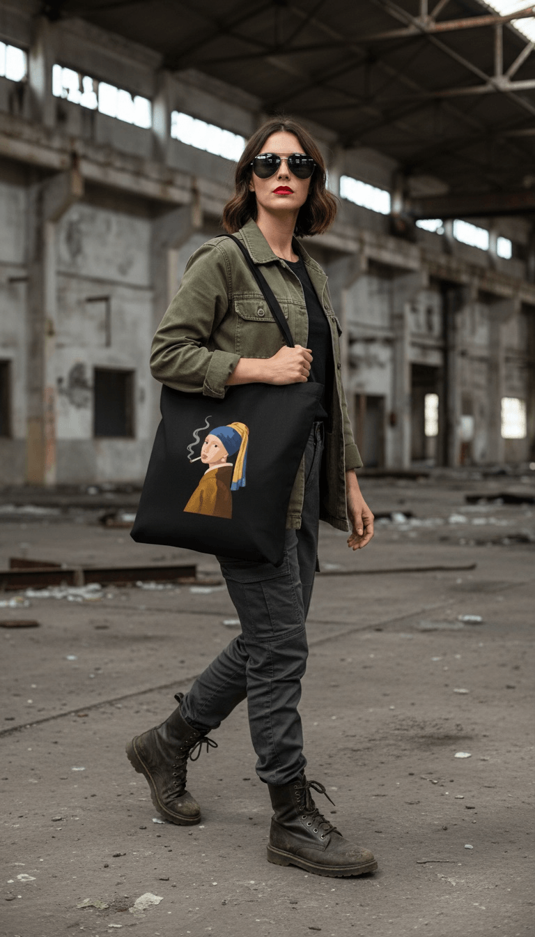 MUJER CON TOTE BAG CON ARTE